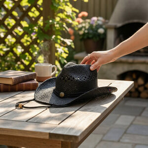 NEW Peter Grimm Desperado Black Raffia Woven Straw Cowboy Hat O/S Shapeable Brim